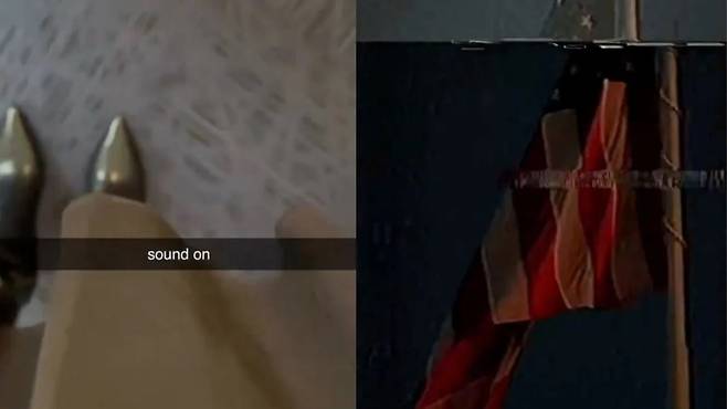 백악관이 전날 잇달아 공개한 영상 캡처 사진. "곧 론칭(launching·발사 또는 출시)되는 거죠?”라는 여성의 음성이 담긴 영상(왼쪽)은 올라온 지 약 90분만에 삭제됐다. 다른 영상에서는 문자 알림음과 함께 성조기가 잠깐 등장했다 사라졌다. /X