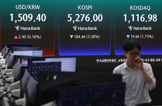 코스피가 전 거래일(5460.46)보다 159.85포인트(2.93%) 하락한 5300.61에 개장한 27일 오전 서울 중구 하나은행 딜링룸 전광판에 지수가 표시돼 있다. 코스닥 지수는 전 거래일(1136.64)보다 16.87포인트(1.48%) 내린 1119.77에 거래를 시작했다. 원·달러 환율은 전 거래일 주간거래 종가(1507.0원)보다 1.6원 오른 1508.6원에 출발했다. 2026.03.27. /사진=뉴시스