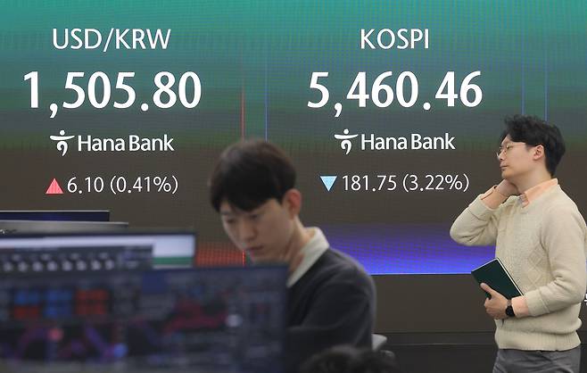 26일 오후 서울 중구 하나은행 딜링룸에서 딜러들이 업무를 보고 있다. 연합뉴스