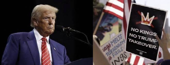 도널드 트럼프 미국 대통령의 정책에 반대하는 노 킹스(No Kings왕은 없다) 시위가 28일(현지시간) 미국 전역 3100곳 이상에서 동시 개최된다. USA투데이에 따르면 수백만명의 미국이 참가할 것으로 전망돼 미국 역사상 최대 규모 시위 중 하나가 될 것으로 보인다. 팻말에 '(독재자와 같은) 왕은 없다, 트럼프의 권력 장악도 반대한다(NO KINGS, NO TRUMP TAKEOVER)' 문구가 쓰여있다. (사진=AFP, 인디비저블)