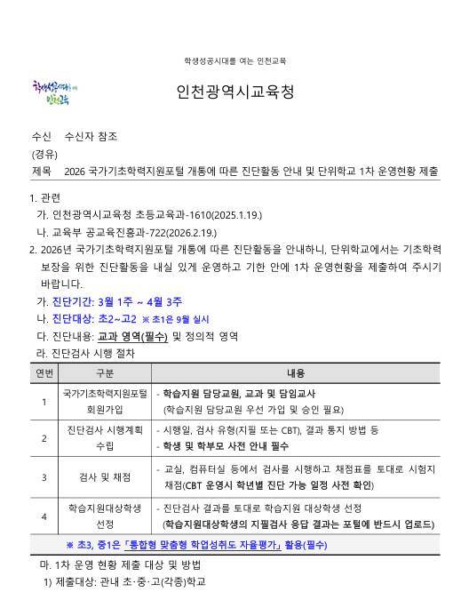 인천시교육청이 일선 학교에 배부한 공문. 독자 제공