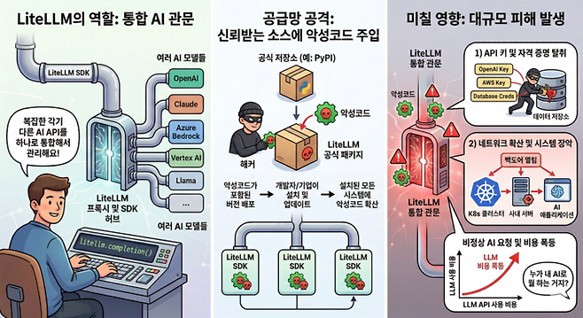 오픈소스 AI 도구인 ‘라이트LLM’의 역할과 공급망 공격에 따른 영향을 AI로 그린 삽화 [제미나이 생성 이미지]