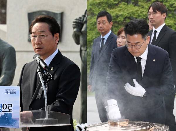 유정복 인천광역시장이 27일 중구 해군 제2함대 기념탑에서 열린 '제11회 서해수호의 날 기념식'에서 기념사를 하고 있다.(왼쪽)민주당 박찬대 의원이 27일 서해수호의날을 맞아 자신의 SNS에 글을 올려 서해를 지킨 영웅들을 추모하고 '평화경제'를 강조하는 메시지를 제시했다. <사진=인천시 ·연합뉴스 제공>