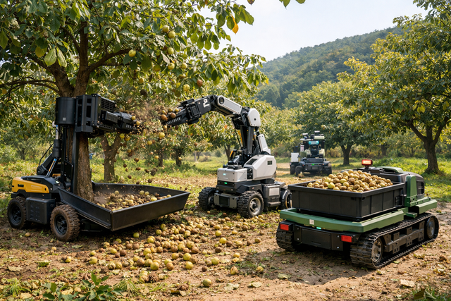 경북도가 오는 2029년까지 호두 주산지 김천을 거점으로 AI 기반 임산물 수확·운반 로봇개발에 나선다. AI 생성 이미지.