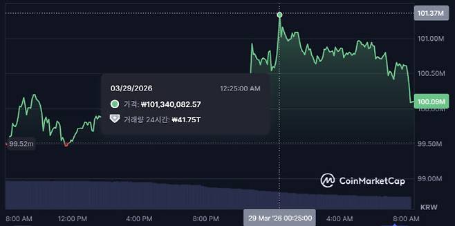 비트코인이 28일 1억원 아래로 떨어졌다가 반등해 29일 현재 1억원선을 회복했다. (사진=코인마켓캡)