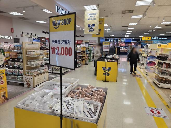 와우샵 내 2000원 균일가 매대 모습. 생활잡화 중심의 초저가 상품을 전면에 배치해 가격 경쟁력을 강조하고 있다. (사진=한전진 기자)