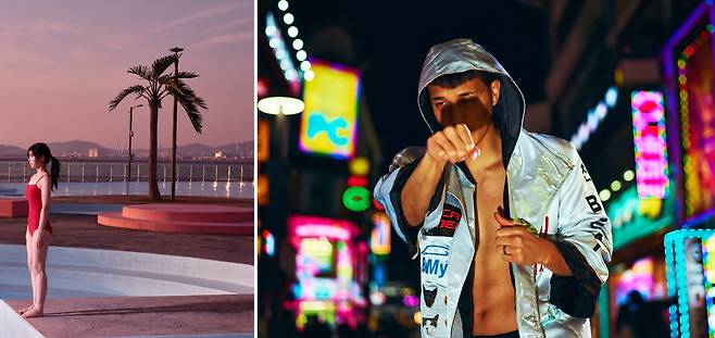 (왼쪽)시흥시민 조하늘(24) 씨는 대학생이다. 촬영 장소인 시흥 한울공원의 분위기에 맞춰 수영복을 골랐다. 그는 "이번 촬영이 새로운 도전이었고 오래 기억에 남을 것"이라고 했다.  안양시민 서인덕(33) 씨의 직업은 복서다. 안양에서 도장을 운영하는 그는 걸어온 선수 생활을 돌아봤다고 소감을 밝혔다. / 사진가 고원태