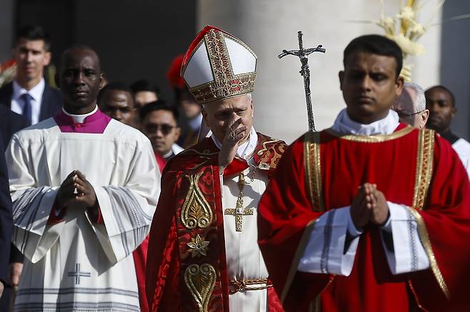 교황 레오 14세가 29일(현지시간) 바티칸 성베드로 광장에서 종려주일(부활절 직전 일요일) 미사를 집전하고 있다. EPA연합뉴스