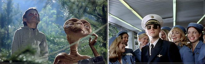 (왼쪽 사진) 엘리엇은 외계인 E.T.와 친구가 된다. 어린 시절 부모의 불화로 힘들어하다가 상상 친구를 떠올려낸 스필버그의 경험이 녹아 있다. (오른쪽 사진) 아마 어머니의 외도 이후 사기꾼이 된 프랭크에게도 소년 엘리엇과 같은 쓸쓸한 시간이 있었을 것이다. 스필버그와 프랭크는 보여준다. 같은 상처가 있더라도 우리는 다른 선택을 할 수 있다는 점을 말이다. 세상을 원망하며 범죄자가 될 수도 있고, 세상을 위로하는 예술가가 될 수도 있다. [IMDb]