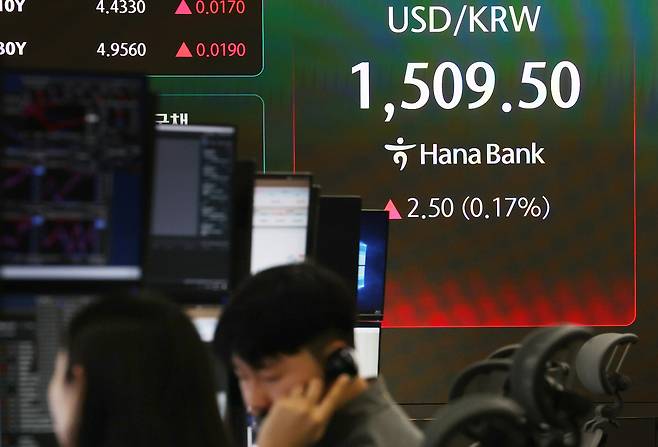 지난 27일 서울 중구 하나은행 본점 딜링룸 전광판에 원/달러 환율이 표시돼 있다. [연합]