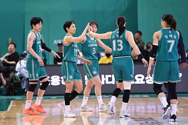 이이지마 사키(왼쪽에서 두 번째) 등 하나은행 선수들 [WKBL 제공. 재판매 및 DB 금지]