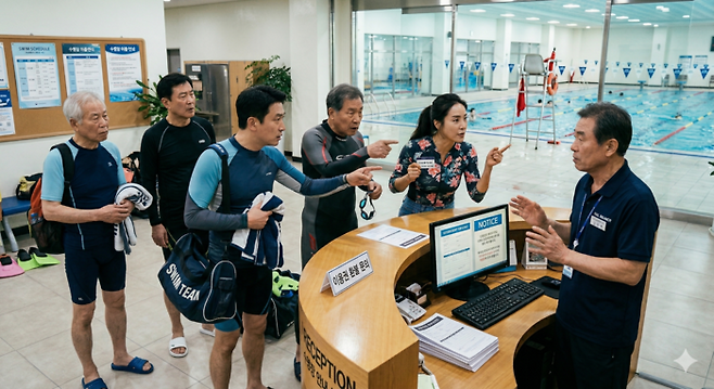 수영장 회원들이 이용 환불을 요구하는 모습의 이미지 <그래프=생성형 AI>