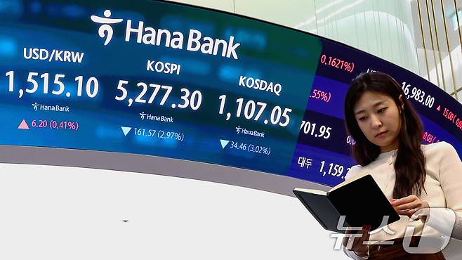 30일 오후 서울 중구 하나은행 딜링룸 현황판에 전장대비 161.57포인트(2.97%) 하락한 5,277.30을 나타내고 있다. 2026.3.30 ⓒ 뉴스1 조연우 인턴기자