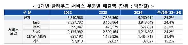 3개년 클라우드 서비스 부문별 매출액. 과기정통부 제공