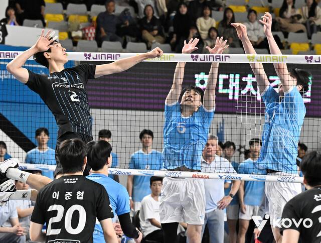 대한항공과 현대캐피탈이 19일 천안 유관순체육관에서 2025∼2026시즌 V리그 마지막 경기를 하고 있다. 한국배구연맹 제공