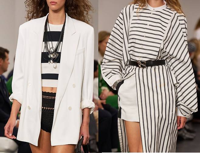 스트라이프 패턴 상의와 짧은 팬츠의 매치를 통해 경쾌한 느낌을 주는 룩. 목걸이, 벨트 등 볼드한 액세서리를 더해 여성성을 강조했다. 사진 랄프 로렌