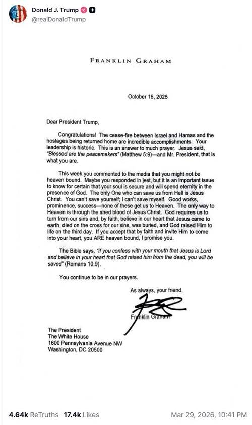 29일(현지 시간) 도널드 트럼프 미국 대통령이 친트럼프 성향 목사의 편지를 소셜미디어 트루스 소셜에 올렸다. 사진은 트럼프 대통령 트루스 소셜 캡처. [트루스 소셜]