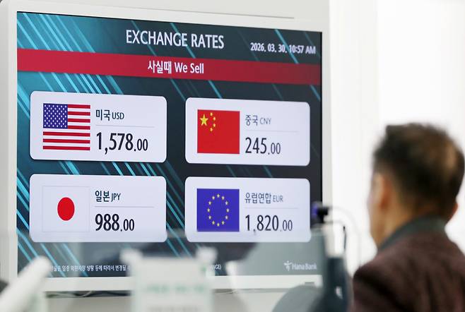 [인천공항=뉴시스] 김진아 기자 = 이란 전쟁을 둘러싼 확전 우려가 커지며 원·달러 환율이 1500원대 후반을 등락하고 있는 30일 인천국제공항 환전소에 원·달러 등 각국 환율이 표시되어 있다. 2026.03.30. bluesoda@newsis.com /사진=김진아