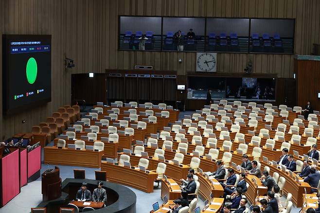지난 22일 서울 여의도 국회에서 열린 본회의에서 윤석열 정권 정치검찰 조작기소 의혹 사건 진상규명 국정조사계획서 승인의 건이 가결되고 있다. 뉴시스