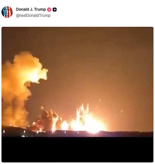 도널드 트럼프 미국 대통령이 sns에 직접 올린 이란 폭격 영상. 트루스소셜 캡처