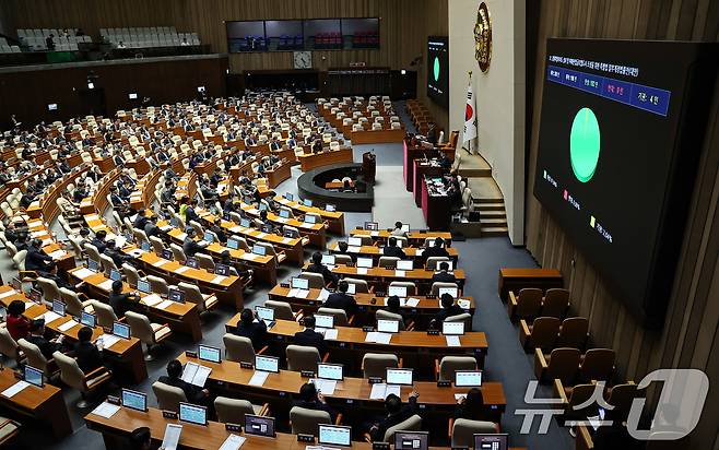 31일 서울 여의도 국회에서 열린 제433회국회(임시회) 제3차 본회의에서 강원특별자치도 설치 및 미래산업글로벌도시 조성을 위한 특별법 일부개정법률안(대안)이 가결되고 있다. 2026.3.31 ⓒ 뉴스1 김도우 기자