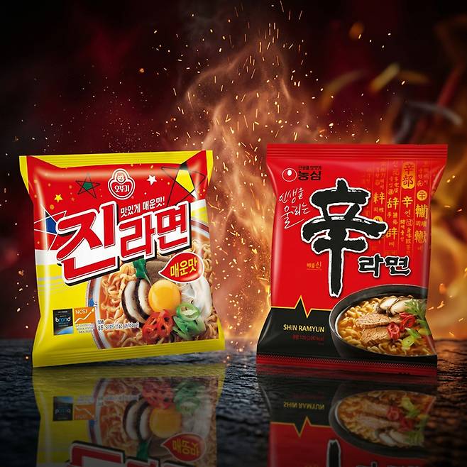 오뚜기 진라면(왼쪽)과 농심 신라면. 사진 | 오뚜기,농심(AI 생성)