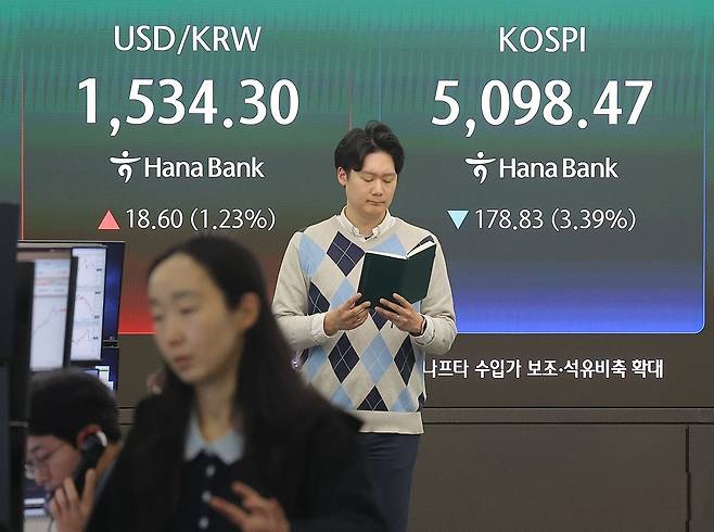 31일 오전 서울 중구 하나은행 본점 딜링룸 전광판에 코스피와 코스닥, 원달러 환율이 표시돼 있다. 연합뉴스