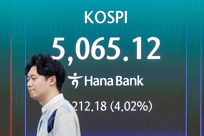 장중 코스피가 4% 넘게 하락한 31일 오전 서울 중구 하나은행 본점 딜링룸 전광판에 코스피지수가 나오고 있다. 뉴스1