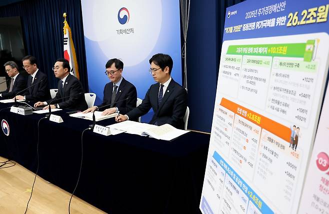 박홍근 기획예산처 장관이 지난 27일 세종시 정부세종청사에서 중동전쟁 위기극복을 위한 2026년 추가경정예산안 내용을 발표하고 있다. 2026.3.31 뉴스1