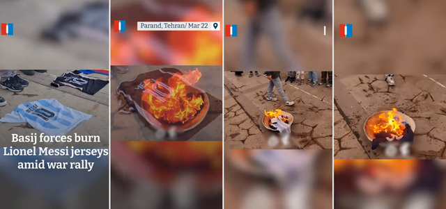 이란 반체제 매체로 미국에 본부를 둔 이란인터내셔널이 30일(현지시간) 보도와 엑스(X·옛 트위터) 게시물을 통해 공개한 이란 이슬람혁명수비대(IRGC) 산하 준군사조직 바시지 민병대의 지난 22일자 ‘리오넬 메시 축구 유니폼 소각’ 영상.[이란인터내셔널 X 공식계정 게시물 갈무리]
