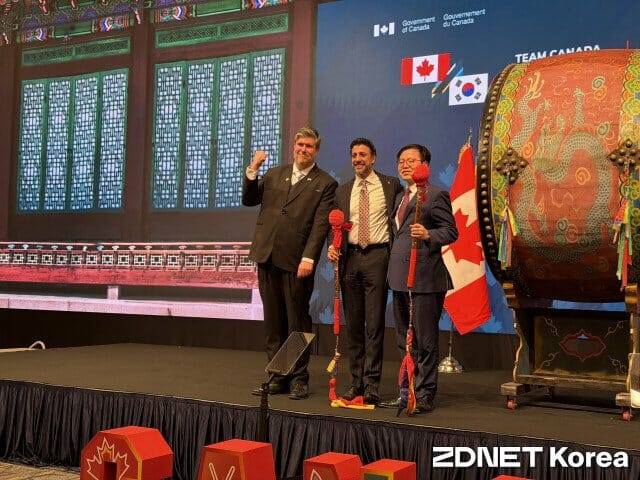 (왼쪽부터) 필립 라포르튠 주한캐나다 대사, 마닌더 시두 캐나다 국제통상부 장관, 여한구 산업통상부 통상교섭본부장.