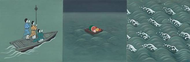 박찬경, '고란사', 2024, Oil on canvas, 70 x 70 cm (3 panels). ⓒ안천호. 사진 국제갤러리