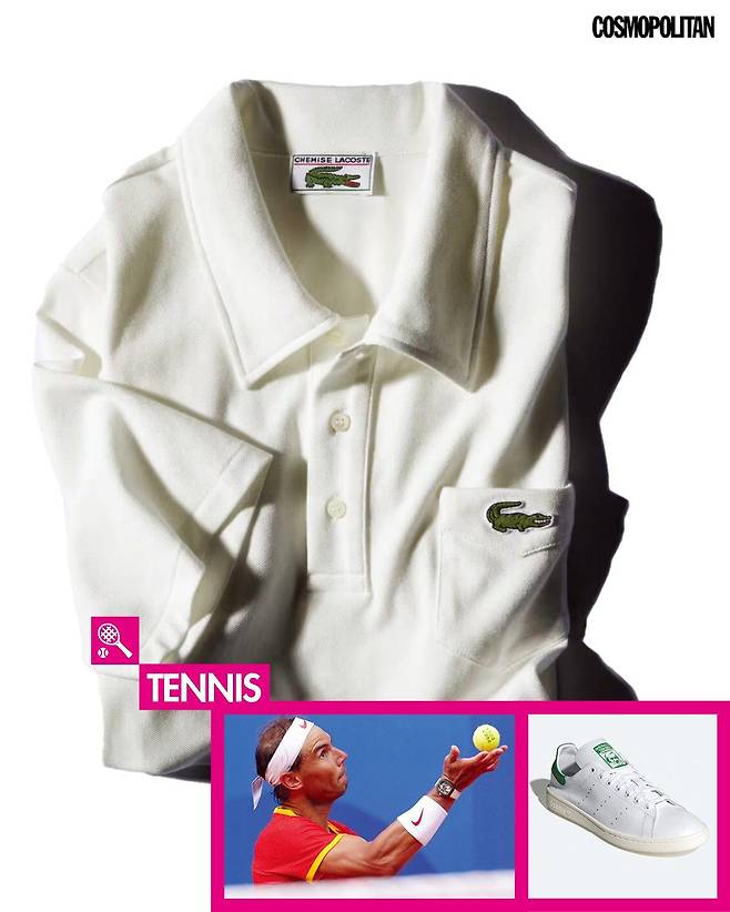 라코스테의 L.12.12 폴로셔츠 아카이브 피스, 리차드 밀 워치를 착용한 라파엘 나달, 아디다스의 스탠스미스 스니커즈.
