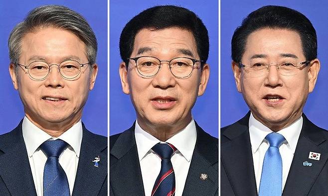 더불어민주당 전남·광주 통합특별시장 경선 후보 민형배·신정훈·김영록. 연합뉴스