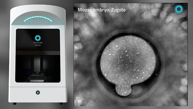 실시간 세포 이미징 장비인 ‘토모큐브 HT-X1(왼쪽)’가 포착한 초기 마우스 배아세포 사진(오른쪽). 세포나 조직에 형광 염색을 하지 않기 때문에 세포를 죽이거나 변형시키지 않는 것이 다른 글로벌 경쟁사 장비들과 가장 큰 차이점이다. [토모큐브]