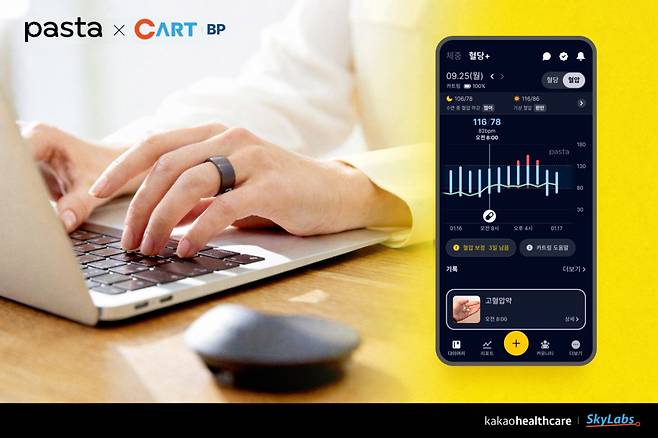 스카이랩스 ‘카트 비피’ 착용 모습과 카카오헬스케어 ‘파스타’ 앱의 서비스 연동 예시./사진= 스카이랩스