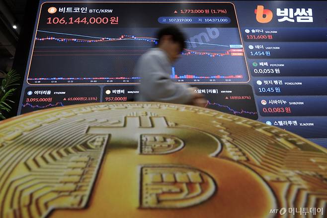 지난달 서울시 강남구 빗썸라운지 강남점 전광판에 가상자산 비트코인 시세가 나오고 있다. /사진=뉴스1