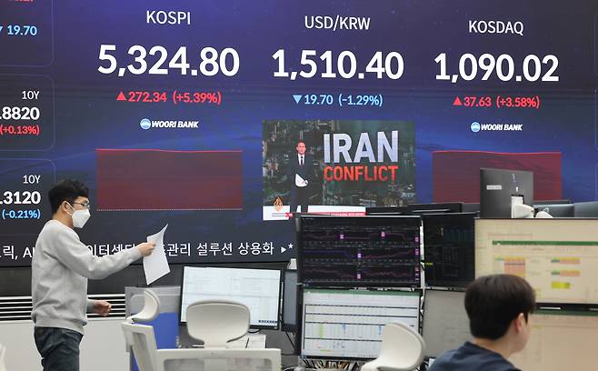 1일 오전 서울 중구 우리은행 본점 딜링룸 전광판에 코스피와 환율이 표시돼 있다.  [연합]