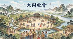 유교적 대동사회 의 평화로움을 묘사한 상상도. 모든 백성이 차별 없이 어우러지며 만물이 상생하는 이 세계관은 오늘날 독생녀가 선포하는 ‘하늘부모님 아래 인류 한 가족’의 비전과 그 맥을 같이하고 있다.