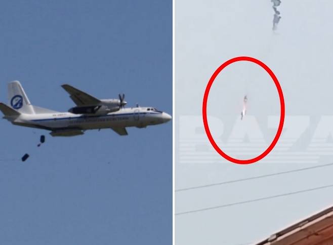 러시아군이 운용하던 An-26 군용 수송기(왼쪽)가 추락해 탑승자 29명이 전원 사망한 것으로 알려졌다. 왼쪽은 SNS에 올라온 사고 당시 추정 사진. 엑스 캡처