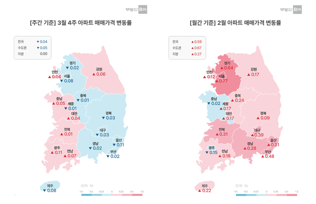 3월 4주차 전국 아파트 매매가격 변동률. 부동산R114 제공