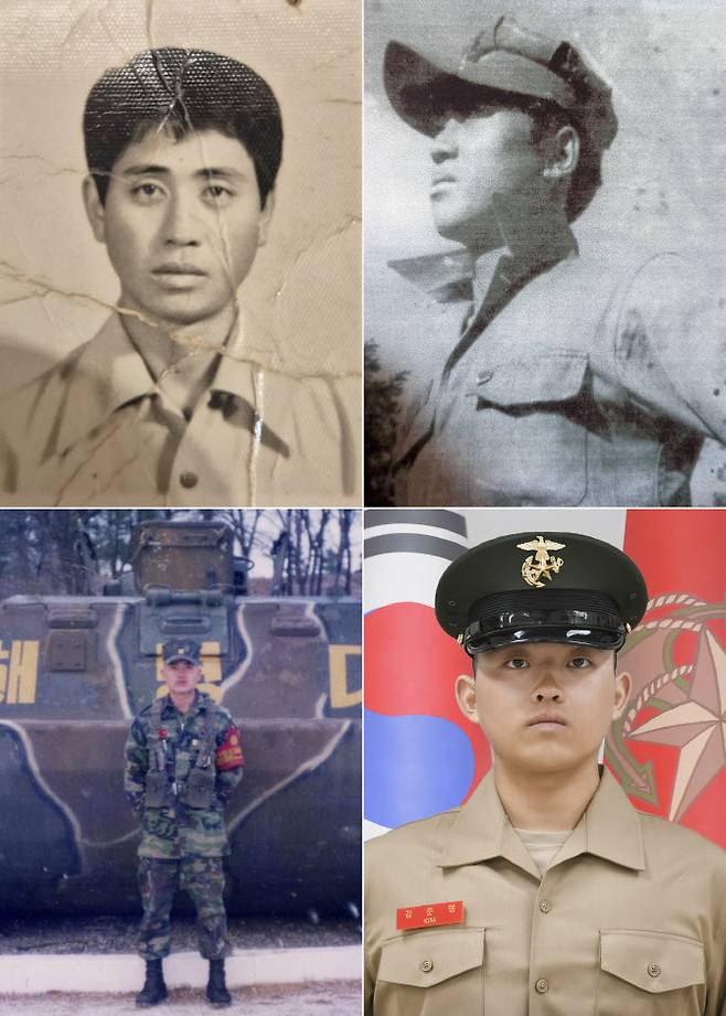 해병대는 2일 해병대 교육훈련단 행사연병장에서 열린 해병대 신병 1327기 수료식에서 최초의 4대(代) 해병 가족이 탄생했다고 밝혔다. 사진은 1대 해병 김재찬 옹(왼쪽 위부터 시계 방향), 2대 해병 김은일 옹, 4대 해병 김준영 이병, 3대 해병 김철민 씨. (사진=해병대)