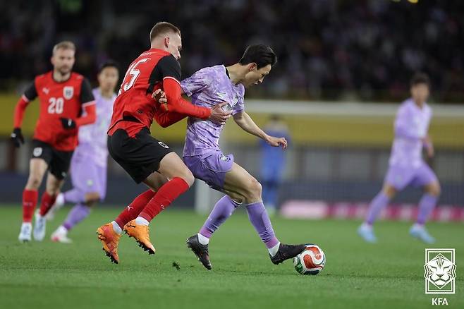31일(현지시간) 오스트리아 빈 에른스트 하펠 스타디움에서 열린 한국 축구대표팀과 오스트리아의 평가전에서 이재성이 돌파를 시도하고 있다.(대한축구협회 제공. 재판매 및 DB 금지) 2026.4.1 ⓒ 뉴스1