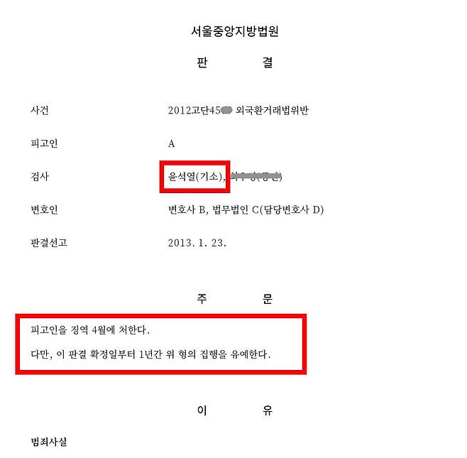 서울중앙지방법원에서 2013년 1월 선고한 외국환거래법 위반 사건의 1심 판결문 표지. 검사 윤석열이 수사하고 기소했다.