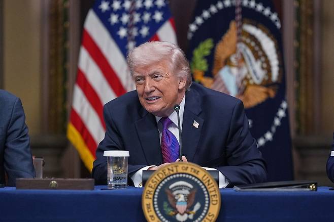 도널드 트럼프 미국 대통령이 지난달 4일(현지시간) 백악관 아이젠하워 행정관저 건물 인디언 조약실에서 열린 '요금 납부자 보호 서약' 행사에서 이란 공습 상황에 대해 언급하고 있다. AP=연합뉴스