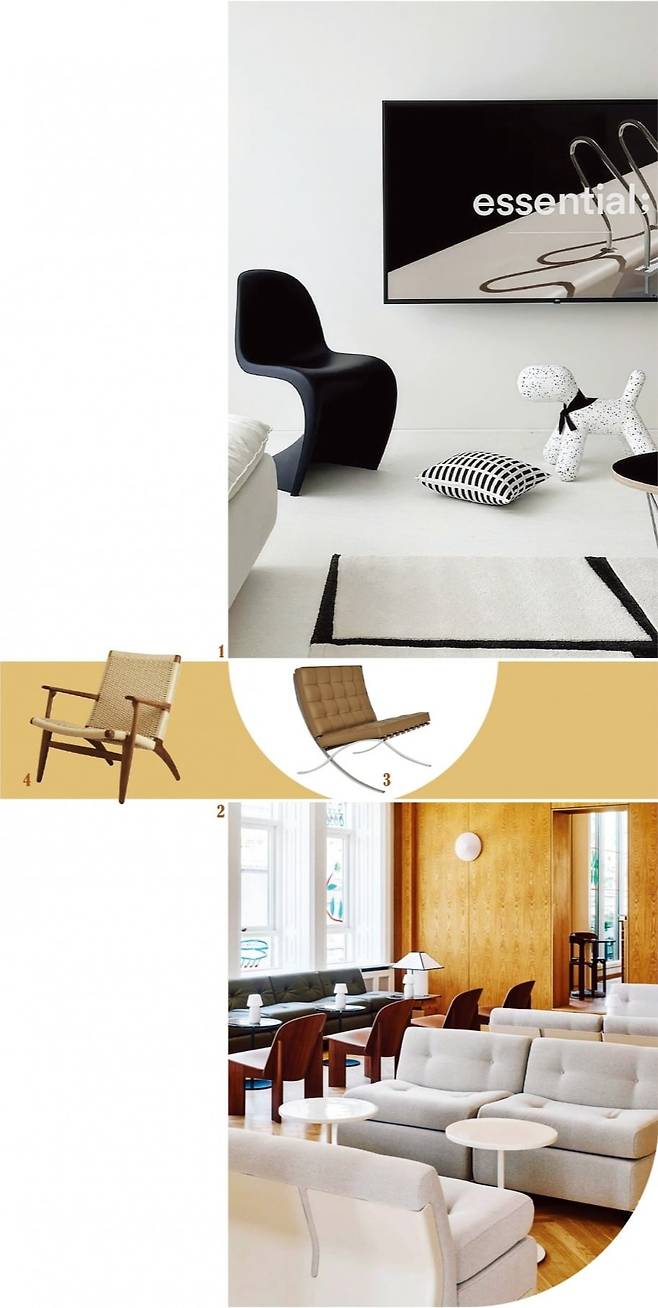 ① 시선을 끄는 의자 하나가 공간의 ‘주연’이 될 수 있다. /오늘의집 유저 ‘리디홈’ 제공, ② 요즘 브랜드들에게 오피스는 ‘공간 자본’이 됐다. 사진은 헤이(HAY) 본사 내부. /HAY 제공, ③ 라운지 체어의 대명사 중 하나인 놀(Knoll)의 바르셀로나 체어. /오늘의집 제공, ④  편안한 휴식이 가능한 칼 한센의 라운지 체어. /오늘의집 제공