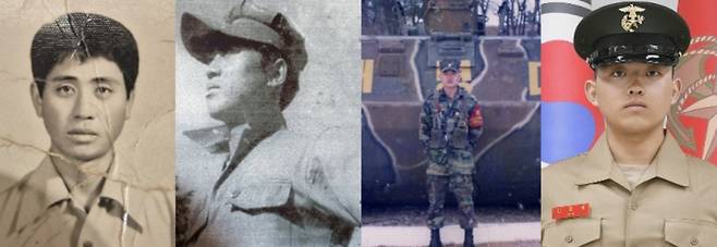 해병대는 2일 해병대 교육훈련단 행사연병장에서 열린 해병대 신병 1천327기 수료식에서 최초의 4대(代) 해병 가족이 탄생했다고 밝혔다. (왼쪽부터) 1대 해병 김재찬 옹, 2대 해병 김은일 옹, 3대 해병 김철민 씨, 4대 해병 김준영 이병. 해병대 제공