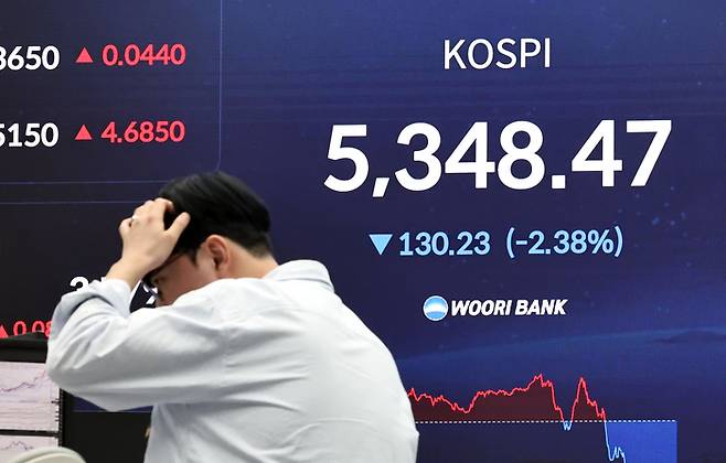 도널드 트럼프 미국 대통령이 이란 전쟁 관련 대국민 연설을 한 2일 서울 중구 우리은행 본점 딜링룸 현황판에 코스피가 표시되고 있다. [연합뉴스]