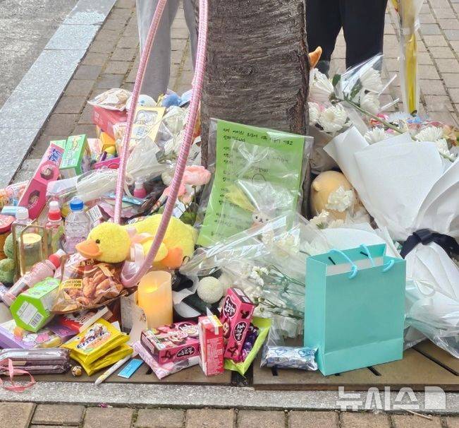 [울산=뉴시스] 구미현 기자 = 1일 오후 울산 북구의 한 아파트단지 안에서 SUV 차량에 치여 숨진 초등학생을 추모하는 주민들이 놓고간 과자와 꽃 등이 놓여있다. 2026.04.01. gorgeouskoo@newsis.com