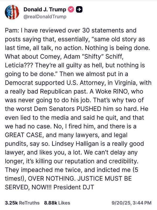 트럼프 대통령이 올렸다 삭제한 팸 본디 장관 저격 X 게시물 [출처=9NEWS]